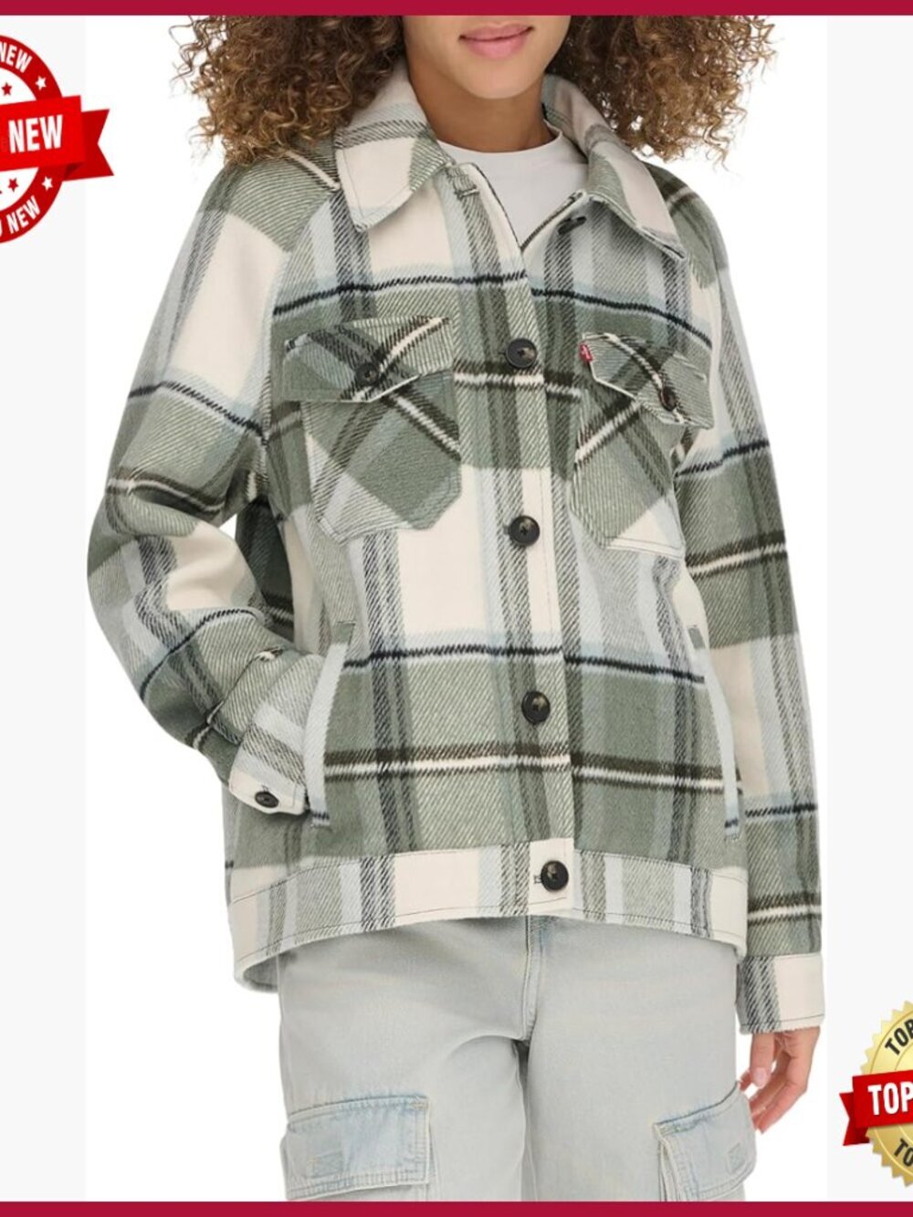 Relaxed Fit Wool Blend Plaid Shirt Jacket with Pockets